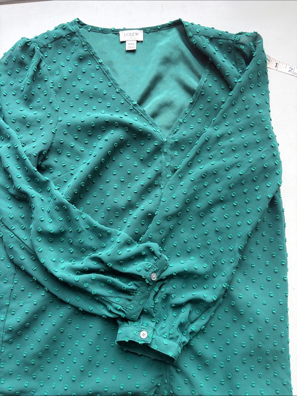J. Crew Teal Swiss Dot V-Neck Blouse